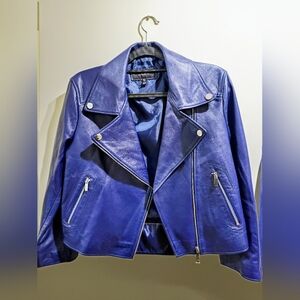 Karen Millen Women's Blue Cropped  Lamb Nappa Leather Motorcycle Jacket